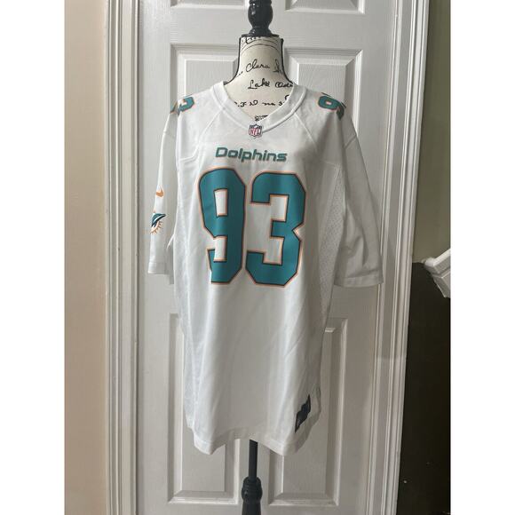 NIKE NFL MIAMI DOLPHINS JERSEY  DEFENSE 93 SZ XL WHITE TEAL ATHLETIC ATHLEISURE - Picture 5 of 15